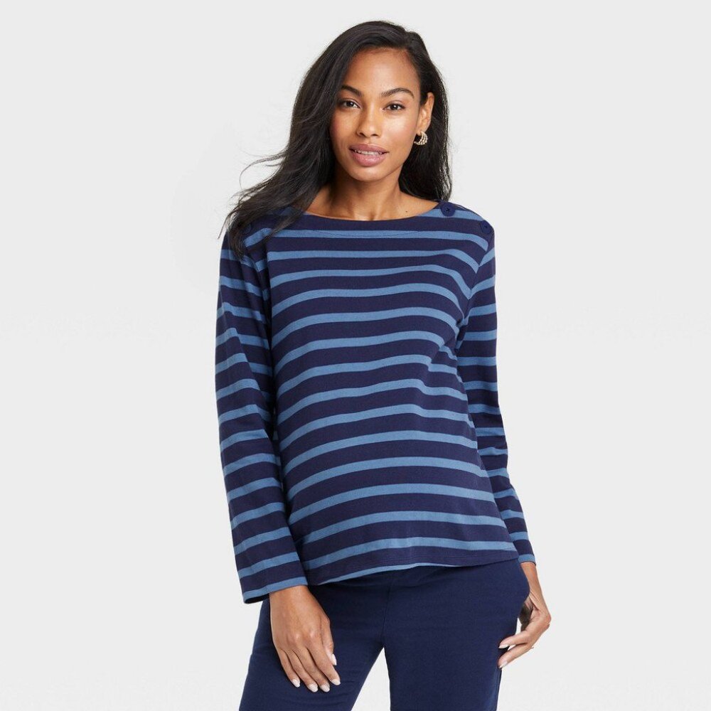 The Nines by HATCH Long Sleeve Jersey Maternity Blouse Navy Striped